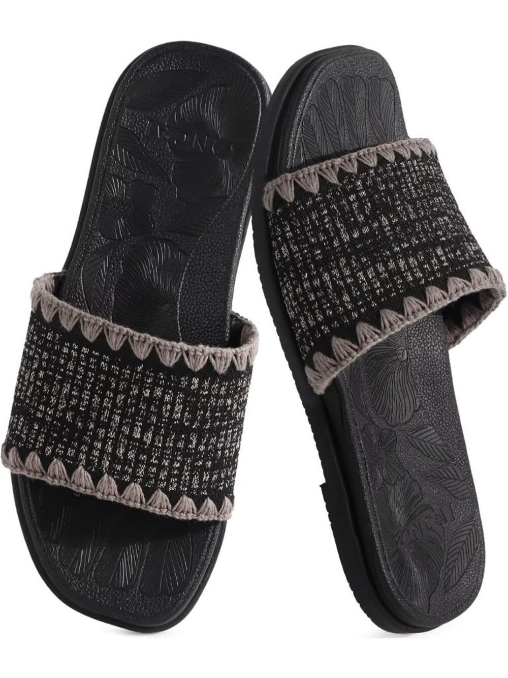 Women’s Black Summer Soft Knitted with Golden Thread Inlay Walking Flat Sandals